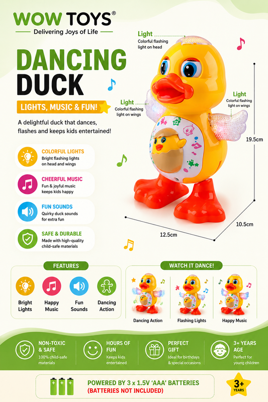 WOW TOYS® Dancing Duck Musical Toy with Flashing LED Lights for Kids- 3 Years+