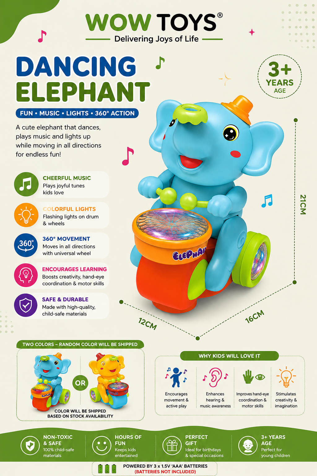 WOW TOYS® Elephant Musical Toy with Lights, 360° Universal Wheel & Ball Balancing for Kids- 3+ Years