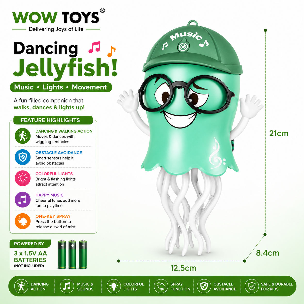 WOW TOYS® Musical Dancing Jellyfish Toy with Realistic Smoke Spray, Flashing LED Lights for Kids- 3 Years+