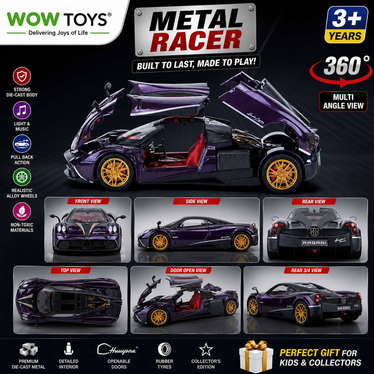 WOW TOYS® 1:32 Die-Cast Huayra Hyper Car with Openable Gullwing Doors, Lights & Music- 3 years+