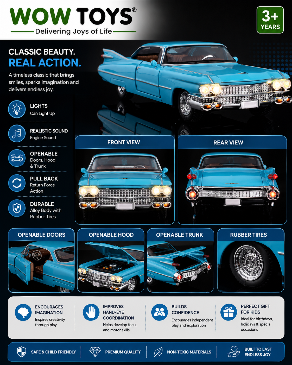 WOW TOYS® 1:32 Classic Vintage Die-Cast Car with Lights & Sound Metal Pull Back Toy Car Openable Doors Hood & Trunk