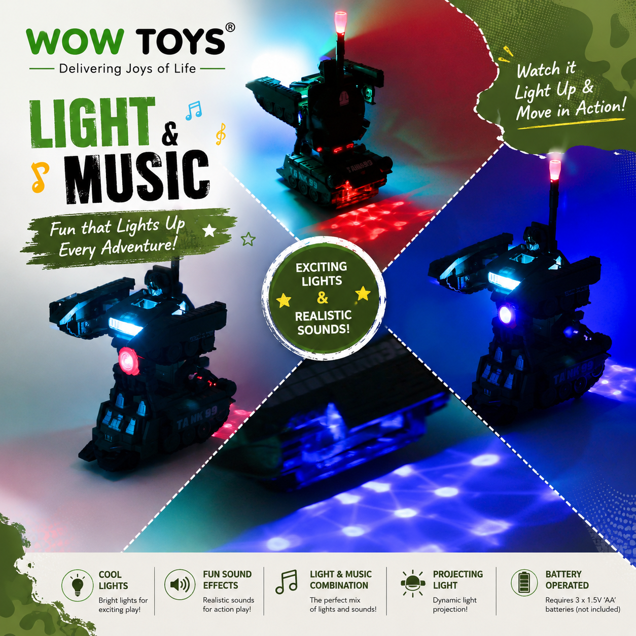 WOW TOYS® 2-in-1 Auto Transformation Combat Tank Robot Toy with LED Lights, Music, 360° Rotation for Kids- 3 Year+