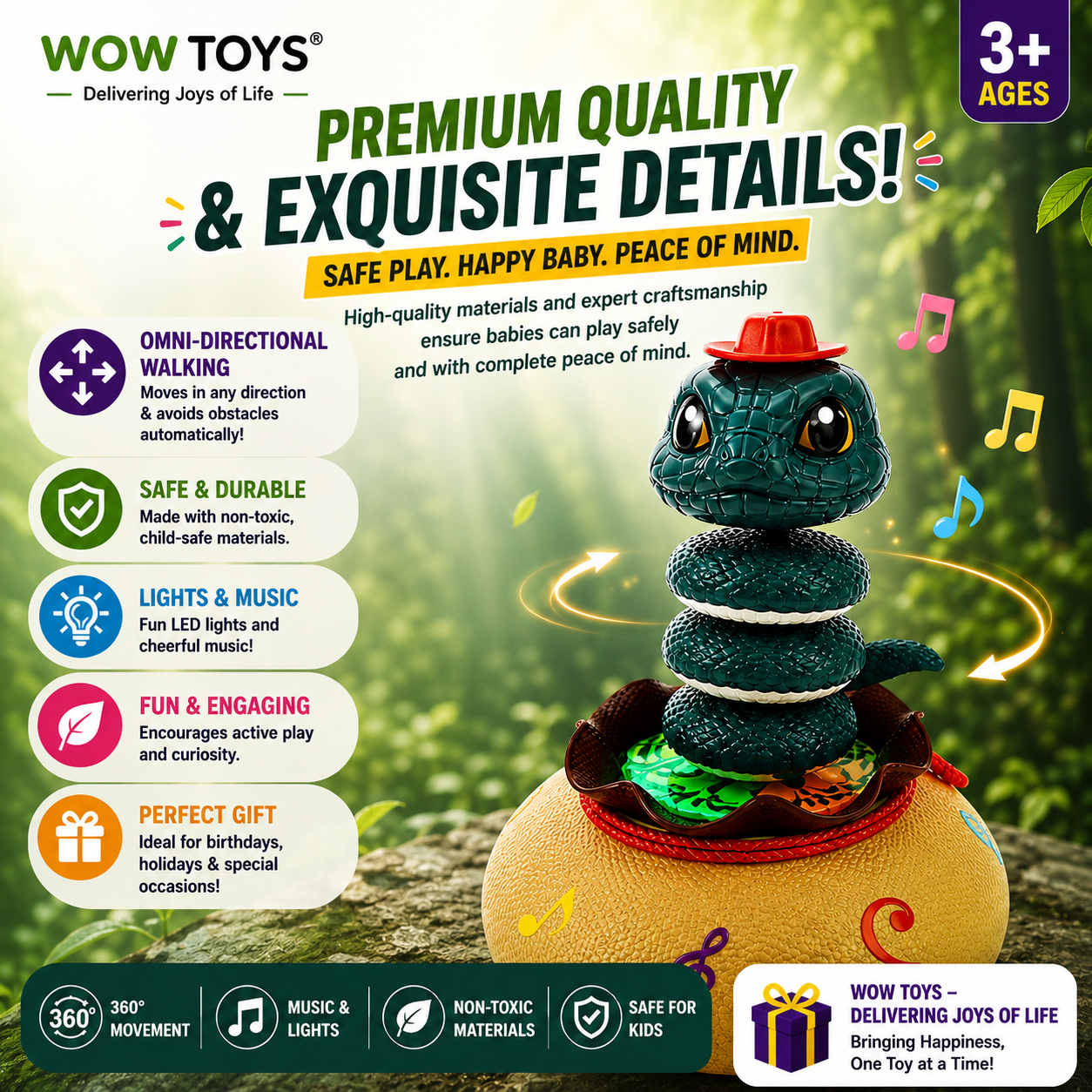WOW TOYS® Premium Omni-Directional Rechargeable Musical Snake Toy with LED Lights for kids- 3 years+