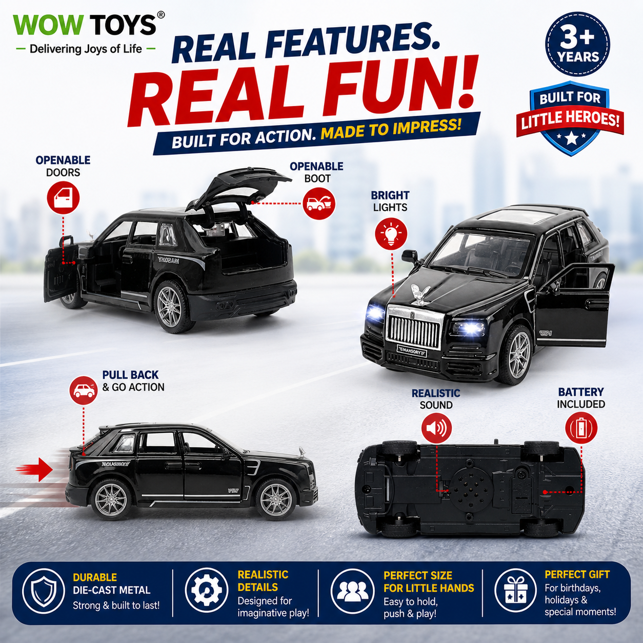 WOW TOYS® Die-Cast Luxury SUV Toy Car with Lights, Sound & Openable Doors