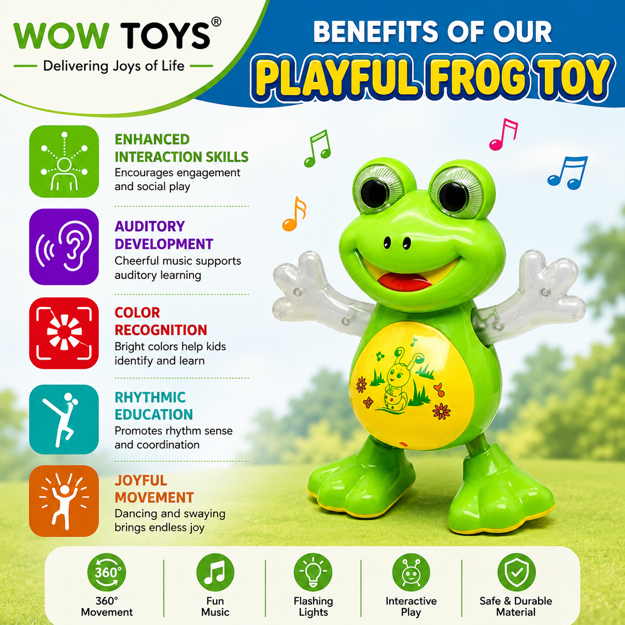 WOW TOYS® Musical Dancing Frog Toy with Flashing LED Lights for Kids- 3 Years+