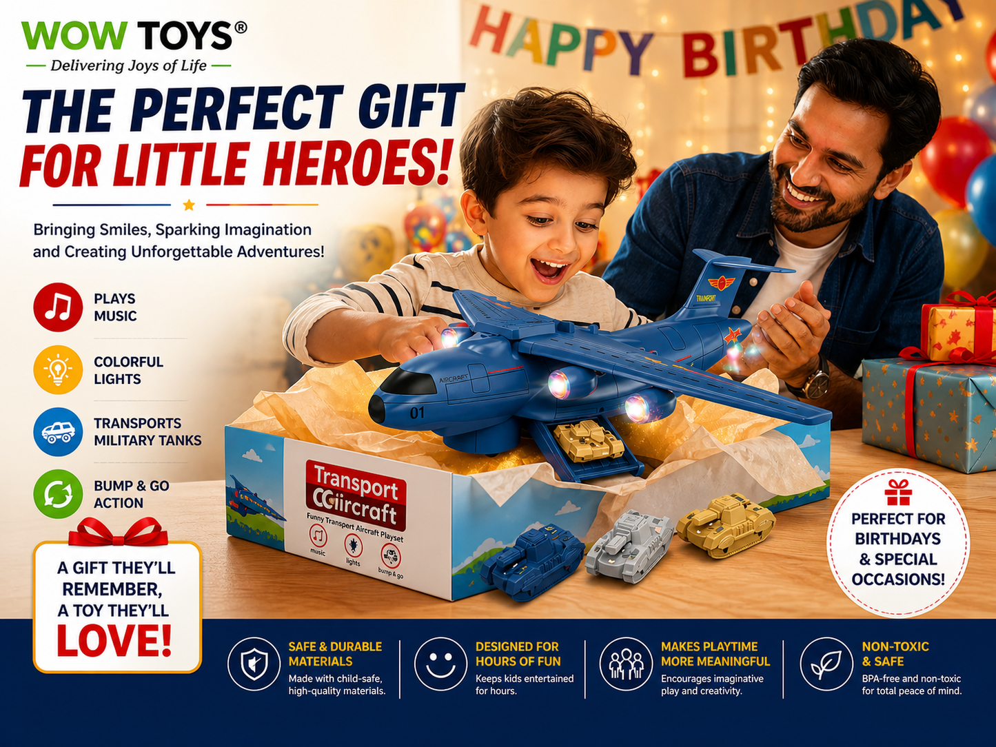 WOW TOYS® Military Transport Aircraft Toy with 3 Mini Military Tanks, Lights, Music & Bump and Go Action for Kids 3+ Years