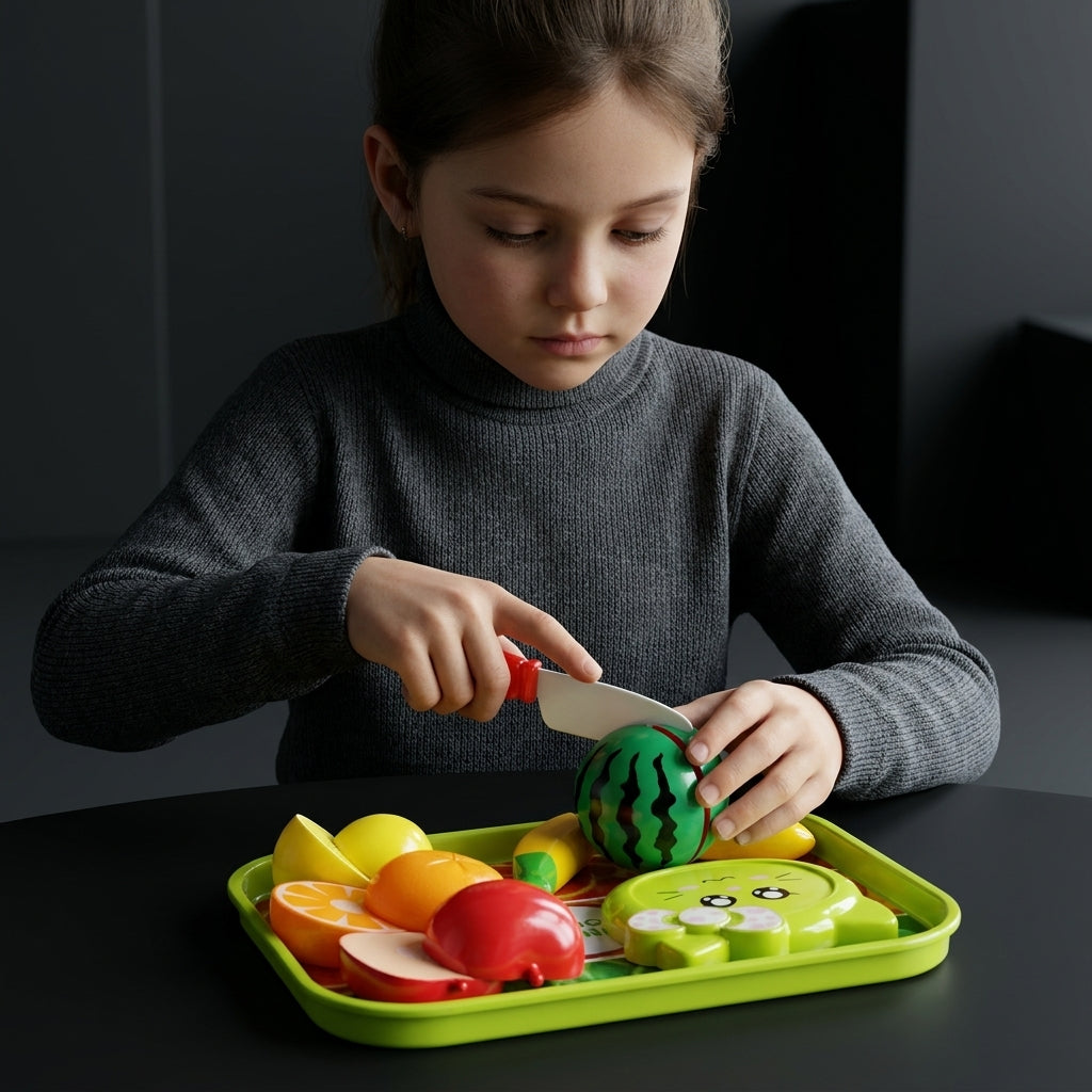 WOW TOYS® Fruit Cutting Play Set for Kids with Tray, Knife and Tableware Small Cutlery Pretend Play Kitchen Toy