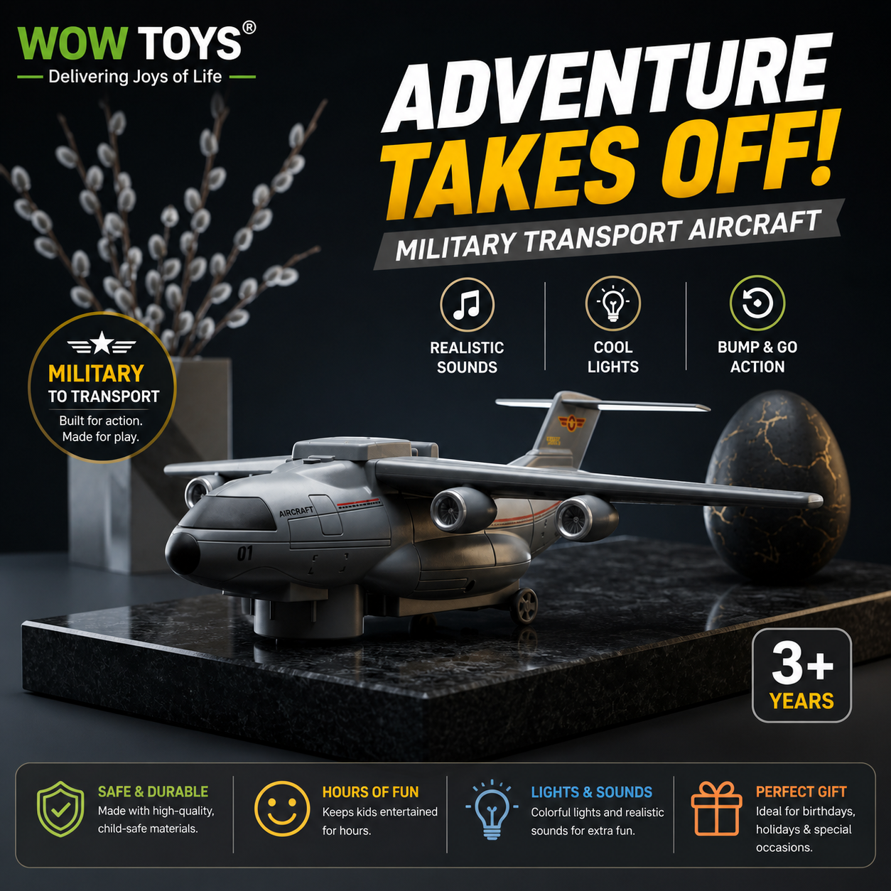 WOW TOYS® Military Transport Aircraft Toy with 3 Mini Military Tanks, Lights, Music &amp; Bump and Go Action for Kids 3+ Years
