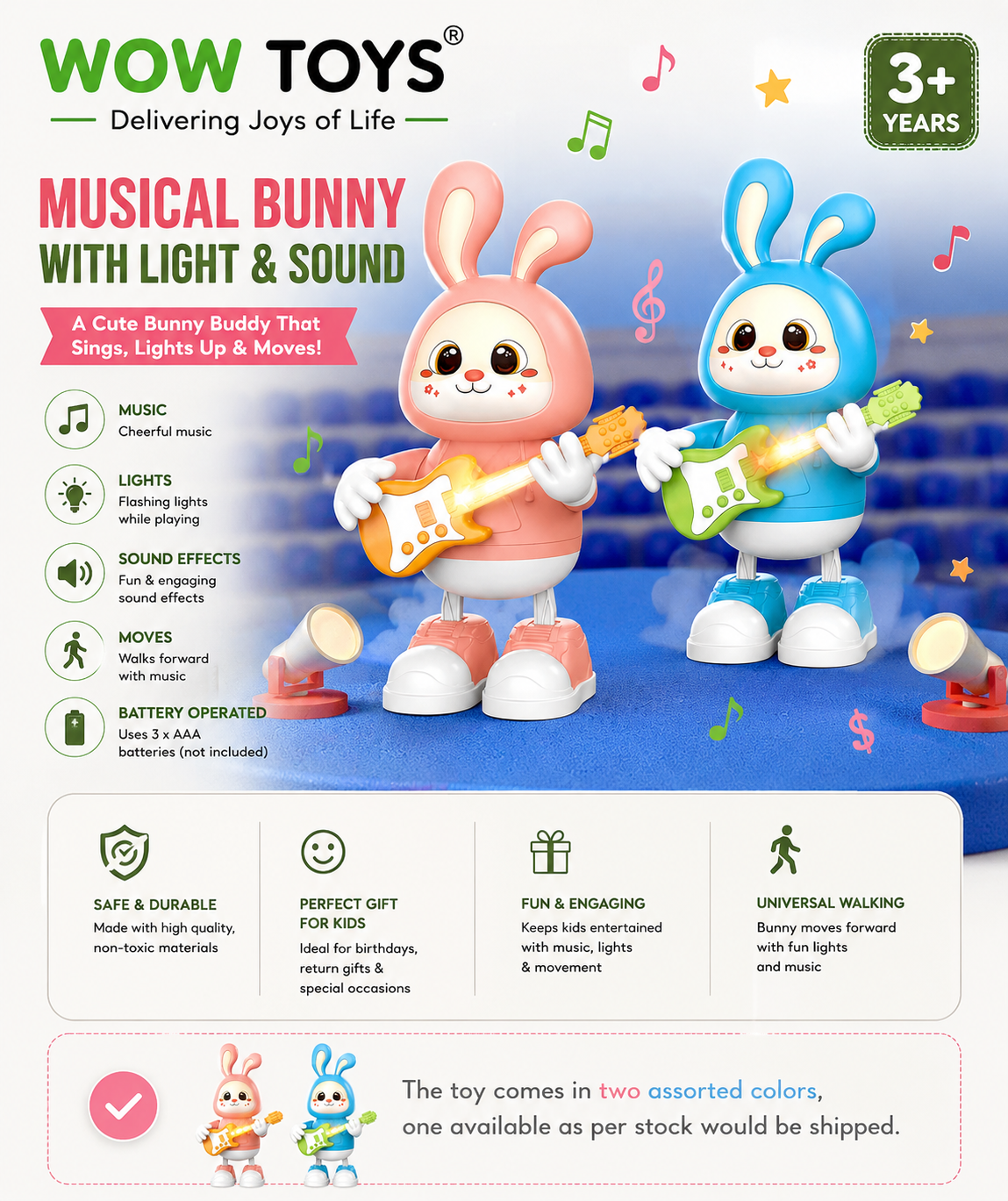 WOW TOYS® Musical Bunny Toy with Light & Sound, Walking Rabbit Guitar Toy for Kids 3+ Years