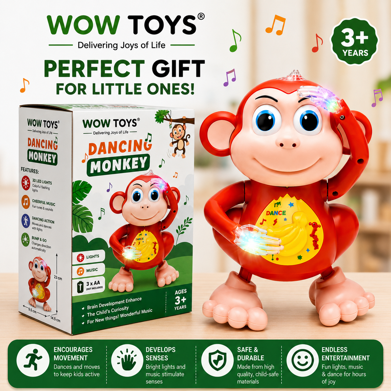 WOW TOYS® Dancing Monkey Musical Toy with 3D LED Lights, Music & Dancing Action for Kids 3+ Years