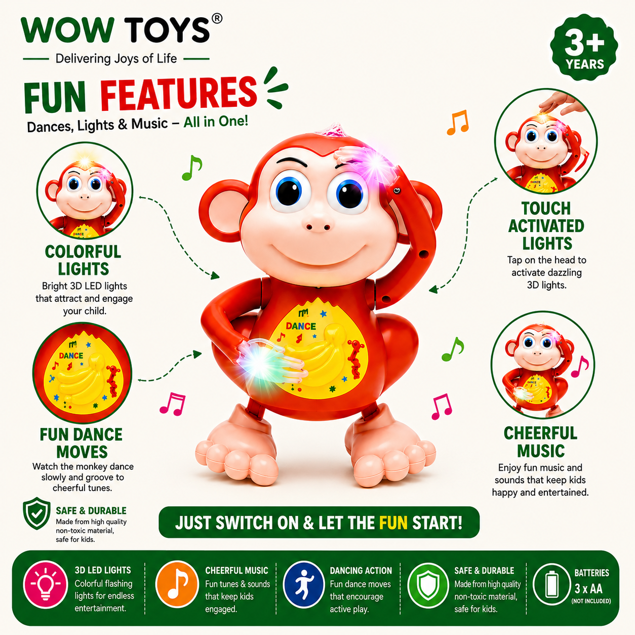 WOW TOYS® Dancing Monkey Musical Toy with 3D LED Lights, Music & Dancing Action for Kids 3+ Years