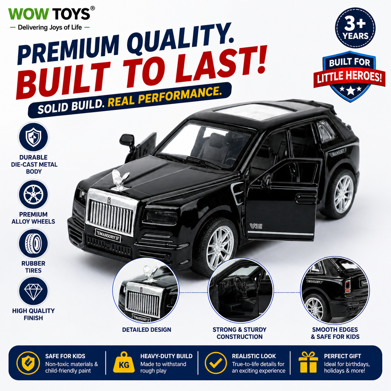 WOW TOYS® Die-Cast Luxury SUV Toy Car with Lights, Sound & Openable Doors