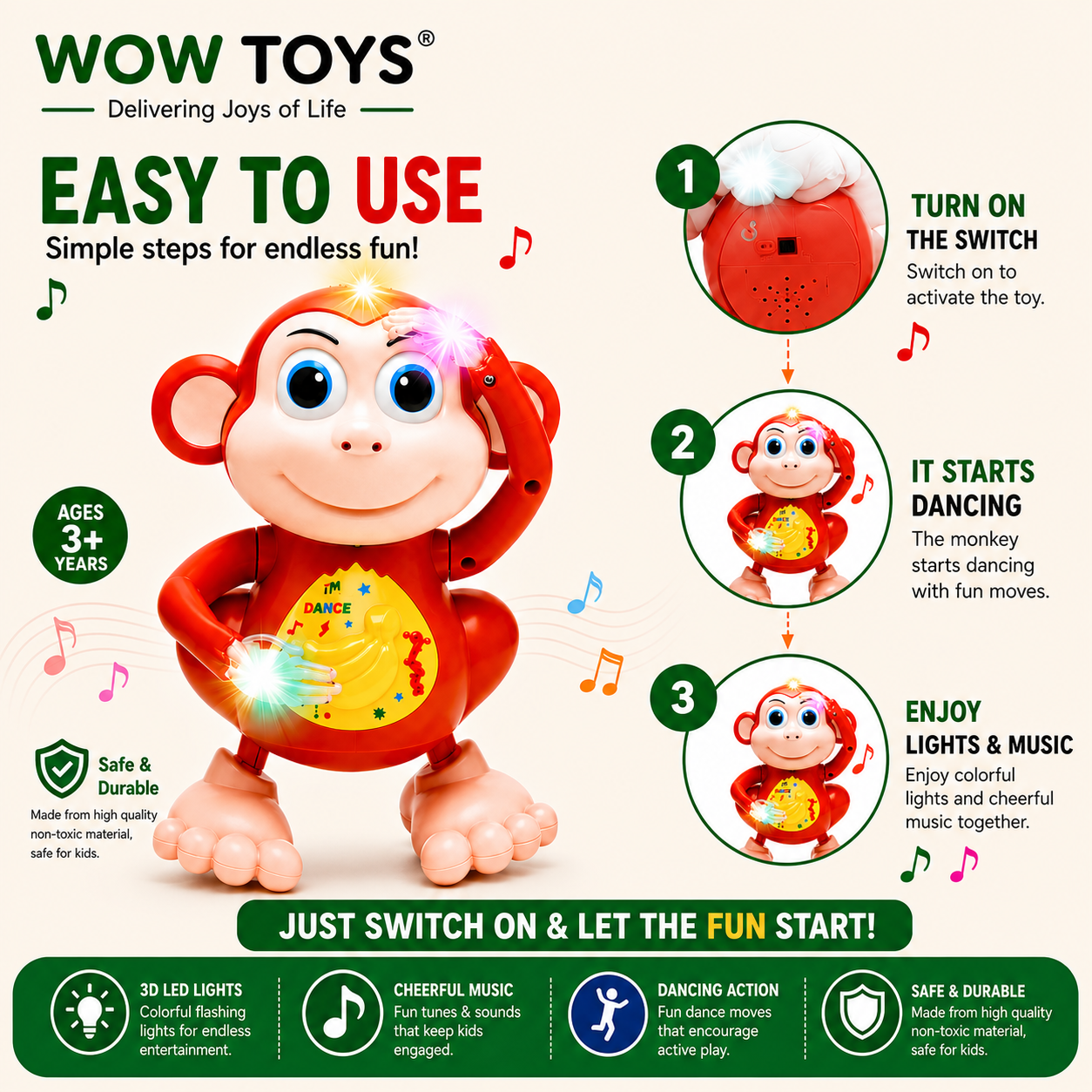 WOW TOYS® Dancing Monkey Musical Toy with 3D LED Lights, Music & Dancing Action for Kids 3+ Years