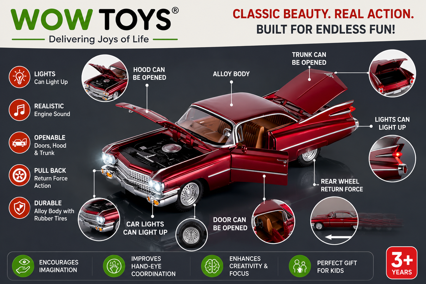 WOW TOYS® 1:32 Classic Vintage Die-Cast Car with Lights & Sound Metal Pull Back Toy Car Openable Doors Hood & Trunk