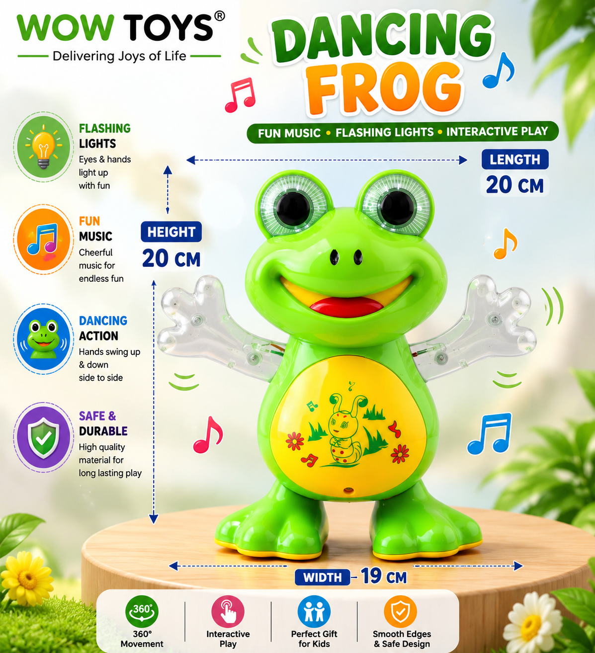 WOW TOYS® Musical Dancing Frog Toy with Flashing LED Lights for Kids- 3 Years+