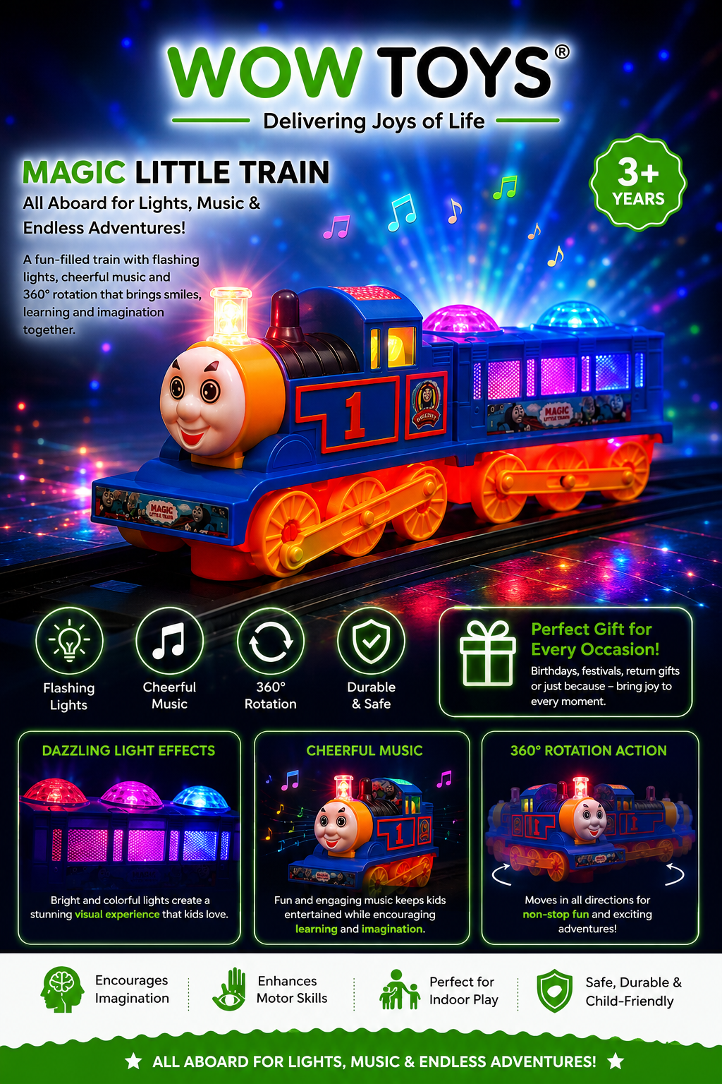 WOW TOYS® Magic Little Train Battery Operated Toy with Flashing Lights, Music & 360° Rotation for Kids 3+ Years