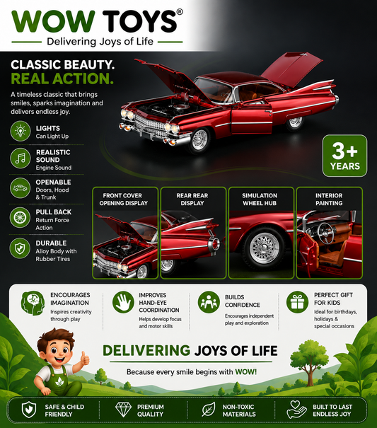 WOW TOYS® 1:32 Classic Vintage Die-Cast Car with Lights & Sound Metal Pull Back Toy Car Openable Doors Hood & Trunk