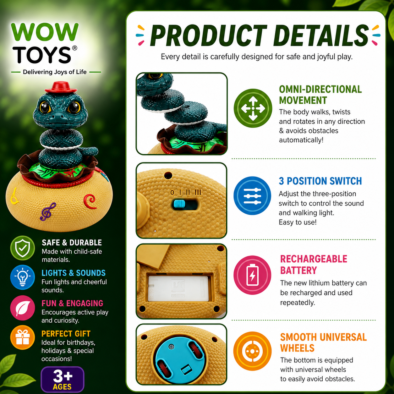WOW TOYS® Premium Omni-Directional Rechargeable Musical Snake Toy with LED Lights for kids- 3 years+