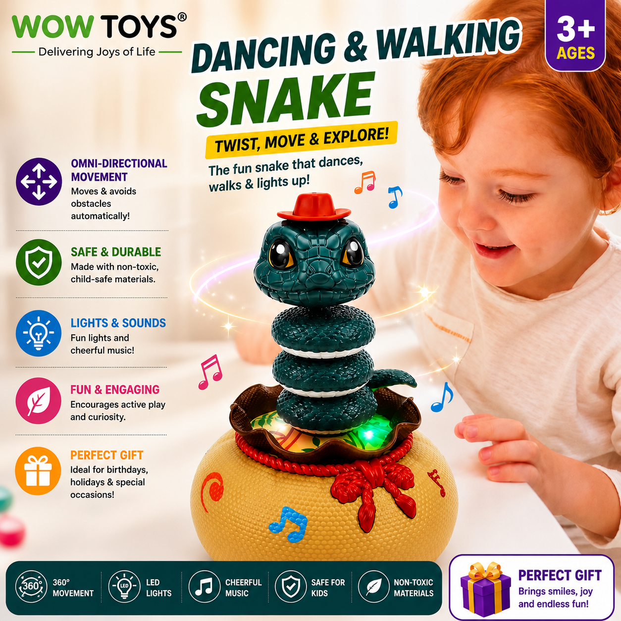WOW TOYS® Premium Omni-Directional Rechargeable Musical Snake Toy with LED Lights for kids- 3 years+