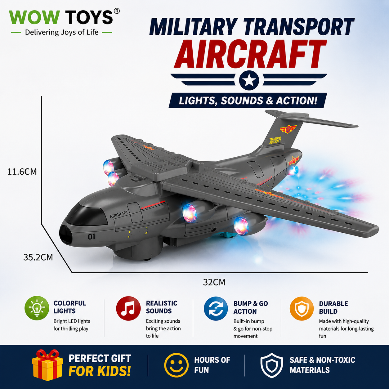 WOW TOYS® Military Transport Aircraft Toy with 3 Mini Military Tanks, Lights, Music &amp; Bump and Go Action for Kids 3+ Years