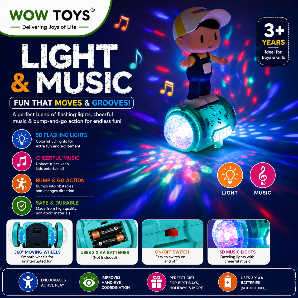 WOW TOYS® Dancing Boy Toy with 5D Flashing LED Lights, Music & 360° Bump and Go Action