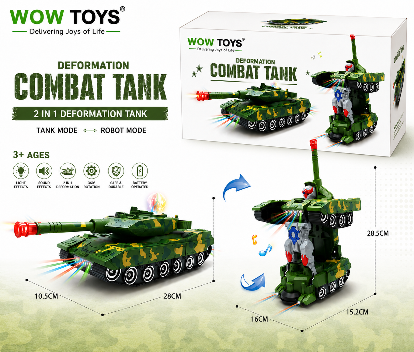 WOW TOYS® 2-in-1 Auto Transformation Combat Tank Robot Toy with LED Lights, Music, 360° Rotation for Kids- 3 Year+