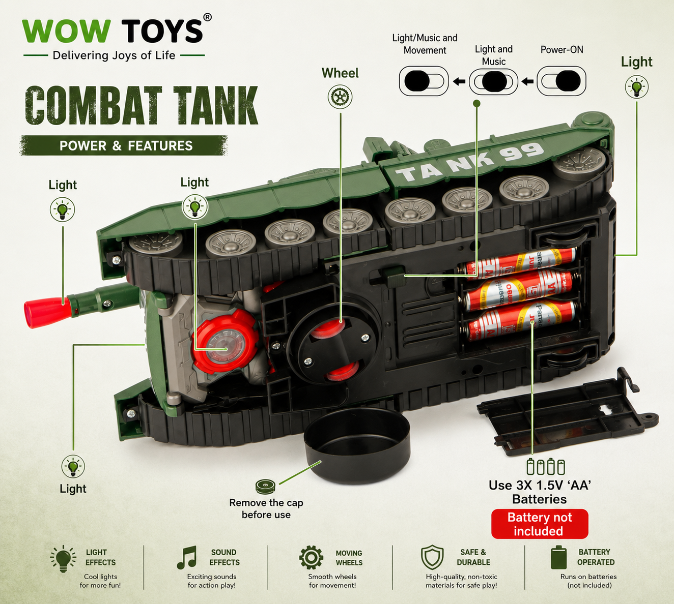 WOW TOYS® 2-in-1 Auto Transformation Combat Tank Robot Toy with LED Lights, Music, 360° Rotation for Kids- 3 Year+