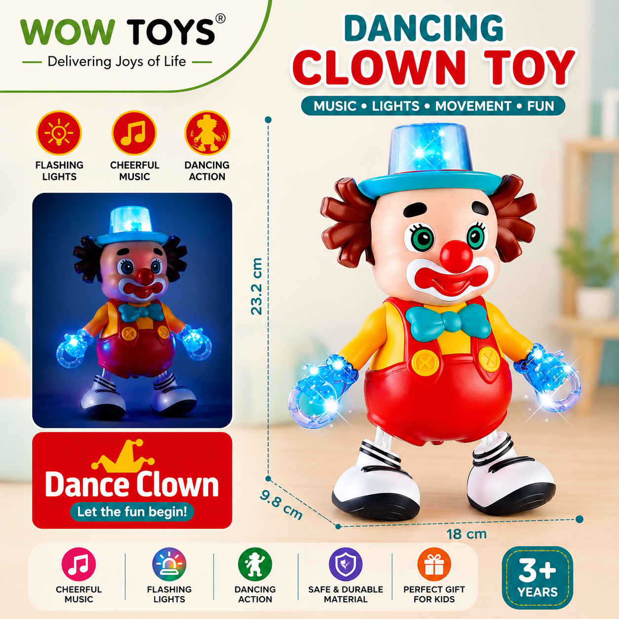 WOW TOYS® Musical Dancing Clown Toy with Flashing LED Lights, Bump and Go Action for Kids 3+ Years