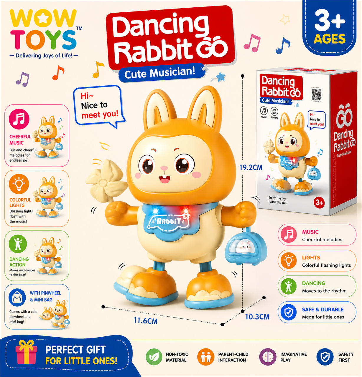 WOW TOYS® Dancing Rabbit GO Musical Dancing Toy with Flashing Lights, Pinwheel & Mini Bag for Kids 3+ Years