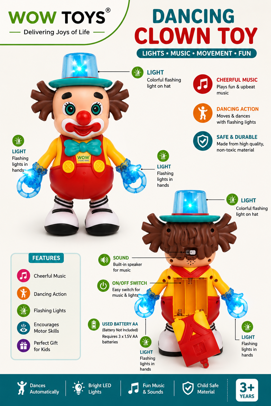 WOW TOYS® Musical Dancing Clown Toy with Flashing LED Lights, Bump and Go Action for Kids 3+ Years