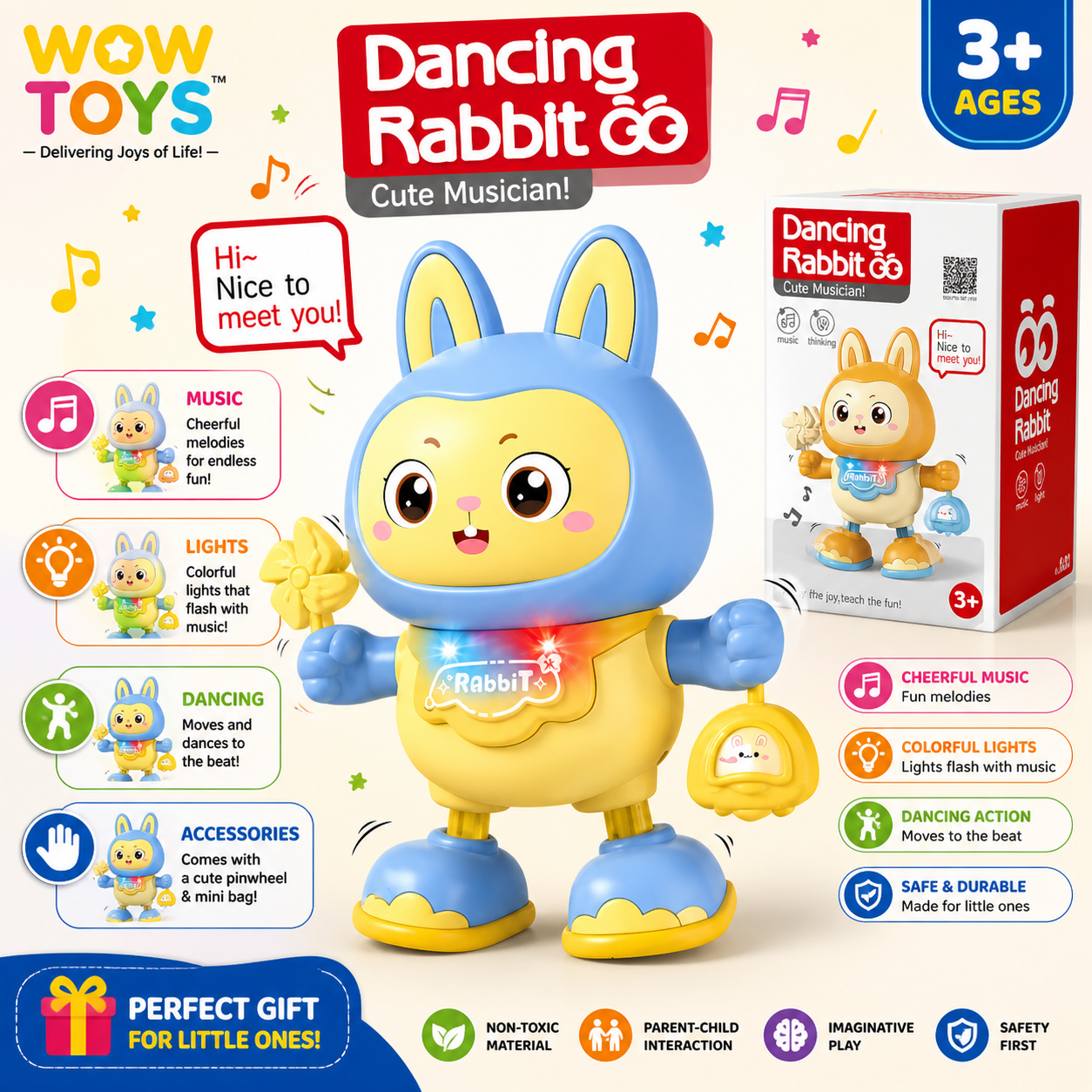 WOW TOYS® Dancing Rabbit GO Musical Dancing Toy with Flashing Lights, Pinwheel & Mini Bag for Kids 3+ Years