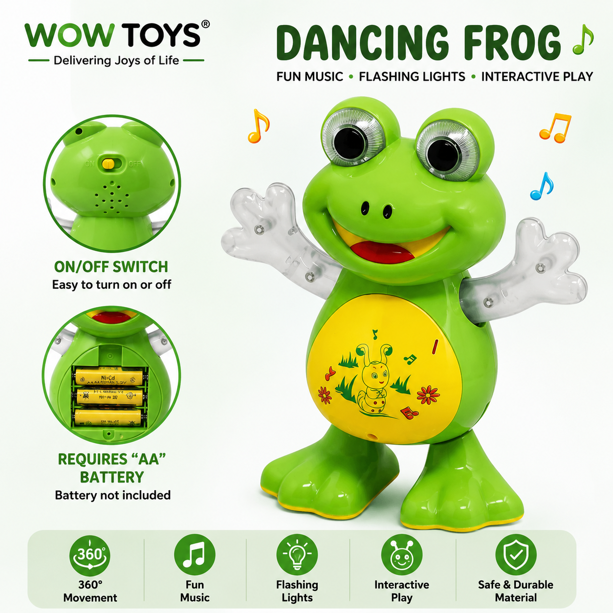WOW TOYS® Musical Dancing Frog Toy with Flashing LED Lights for Kids- 3 Years+