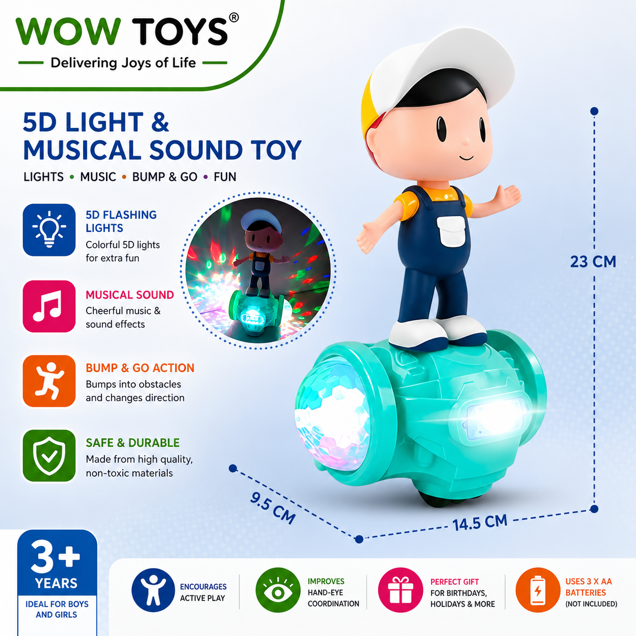 WOW TOYS® Dancing Boy Toy with 5D Flashing LED Lights, Music & 360° Bump and Go Action