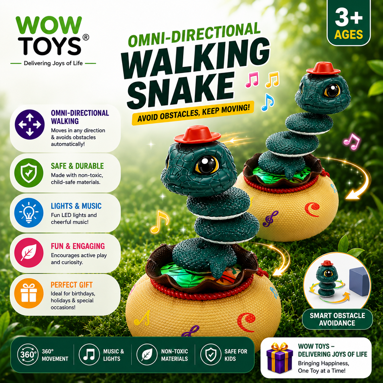 WOW TOYS® Premium Omni-Directional Rechargeable Musical Snake Toy with LED Lights for kids- 3 years+