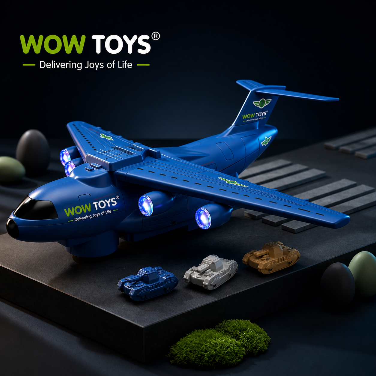 WOW TOYS® Military Transport Aircraft Toy with 3 Mini Military Tanks, Lights, Music &amp; Bump and Go Action for Kids 3+ Years