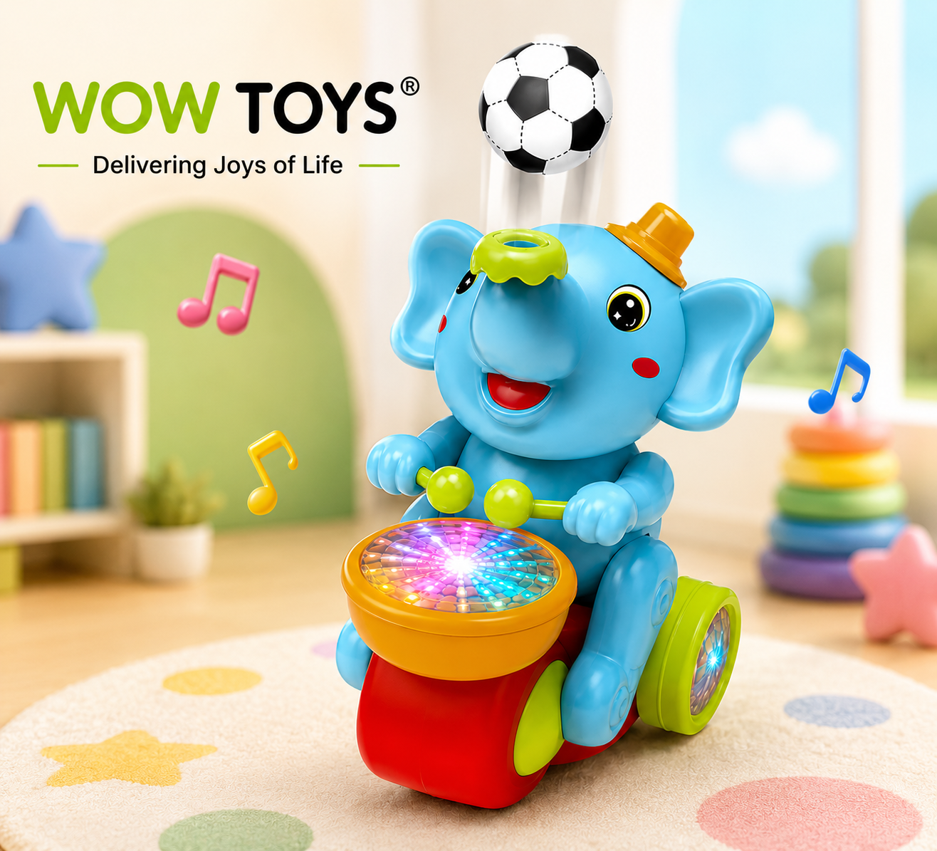 WOW TOYS® Elephant Musical Toy with Lights, 360° Universal Wheel & Ball Balancing for Kids- 3+ Years