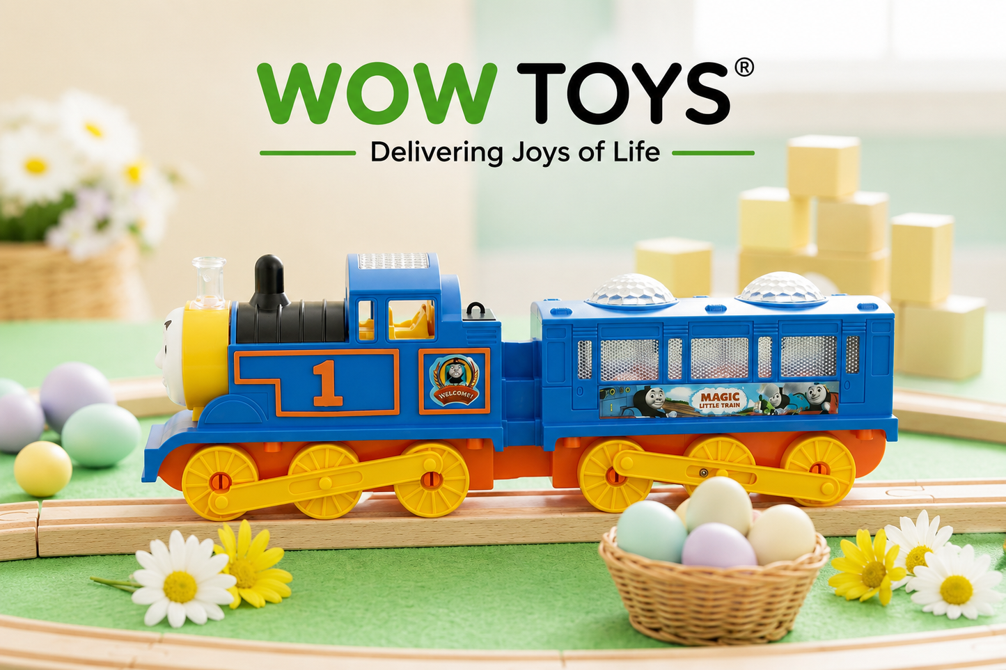 WOW TOYS® Magic Little Train Battery Operated Toy with Flashing Lights, Music & 360° Rotation for Kids 3+ Years