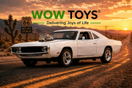 WOW TOYS® 1:28 Scale Die-Cast Challenger Car Model with Lights, Sound, Openable Doors, Hood & Trunk