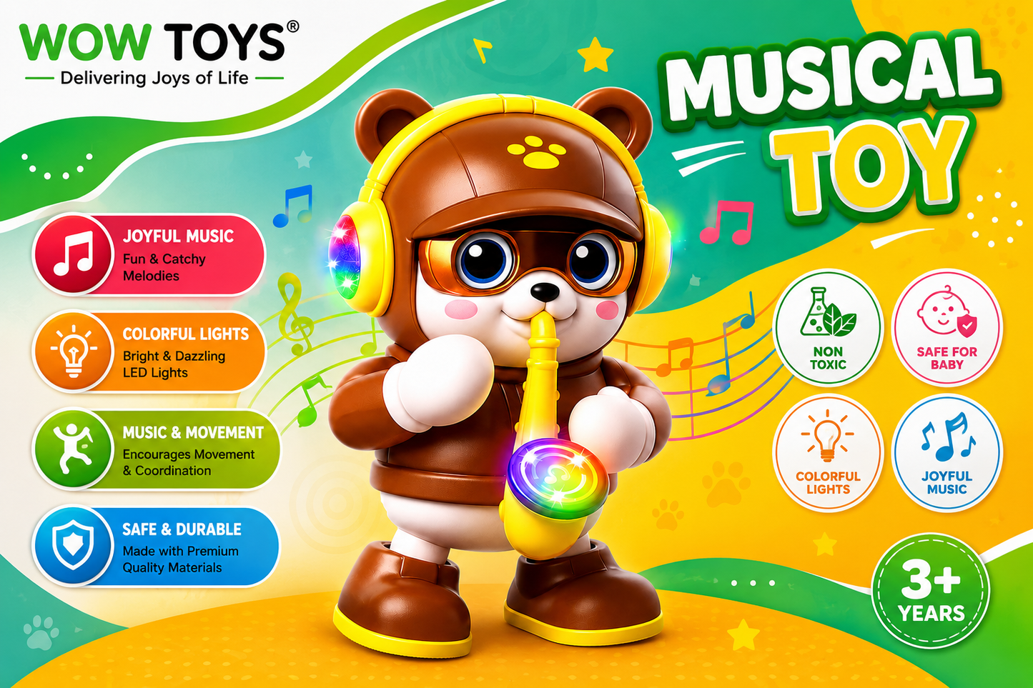 WOW TOYS® Musical Dancing Bear Toy with Light-Up Saxophone for Kids 3+ Years