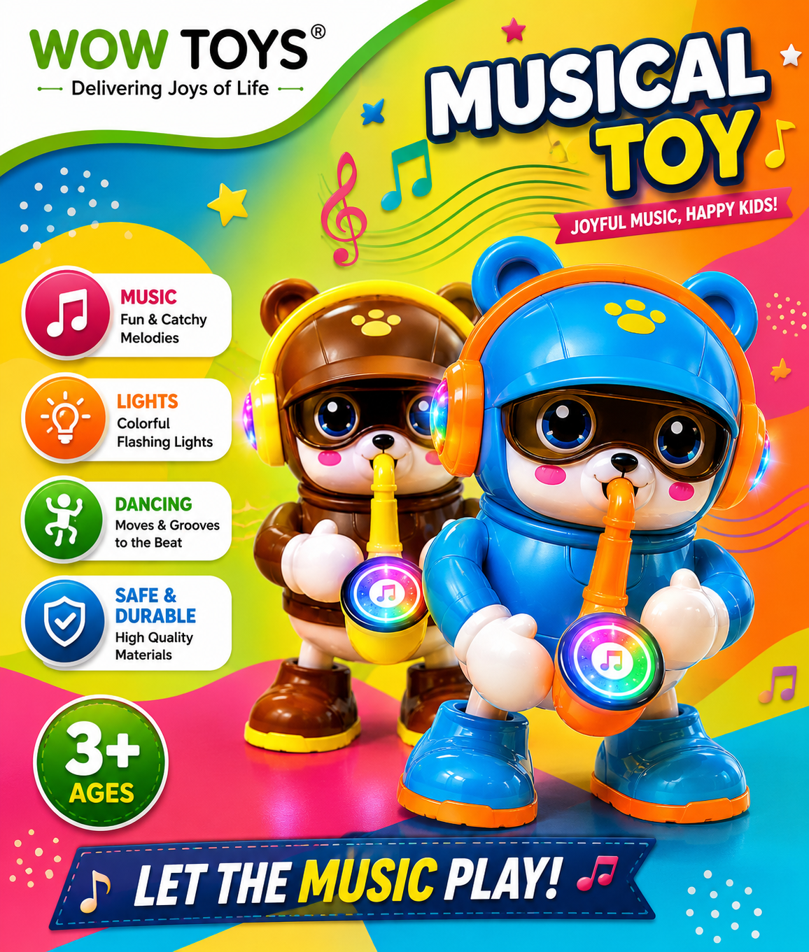 WOW TOYS® Musical Dancing Bear Toy with Light-Up Saxophone for Kids 3+ Years