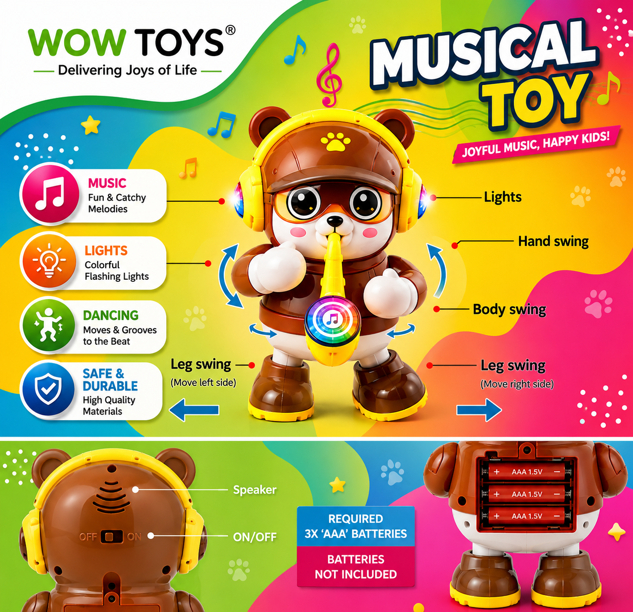 WOW TOYS® Musical Dancing Bear Toy with Light-Up Saxophone for Kids 3+ Years