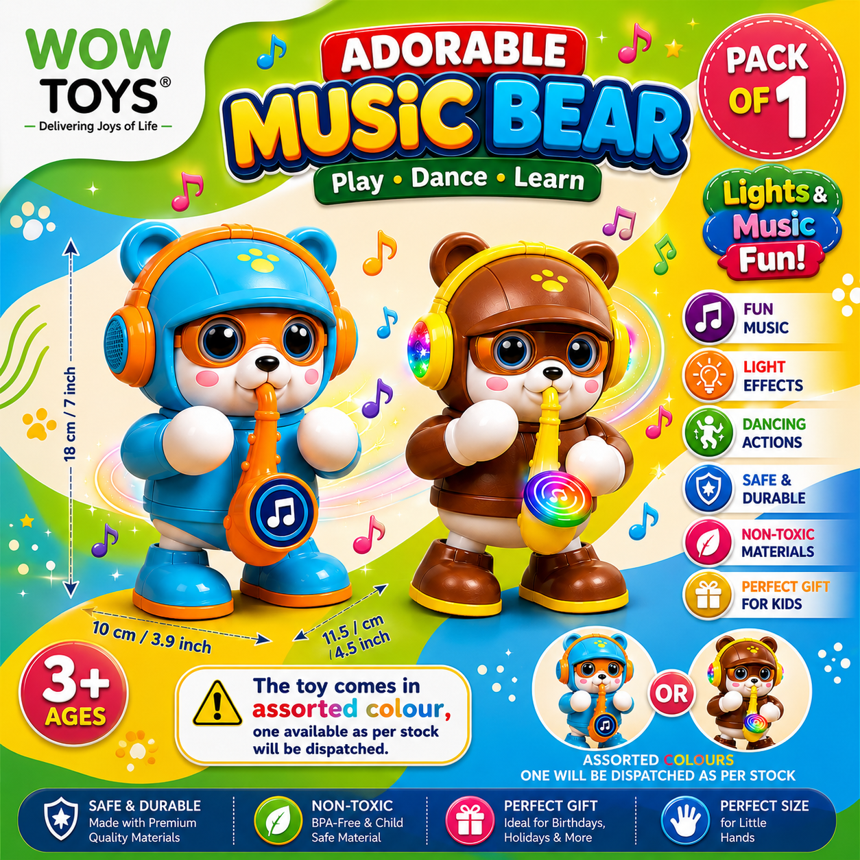 WOW TOYS® Musical Dancing Bear Toy with Light-Up Saxophone for Kids 3+ Years