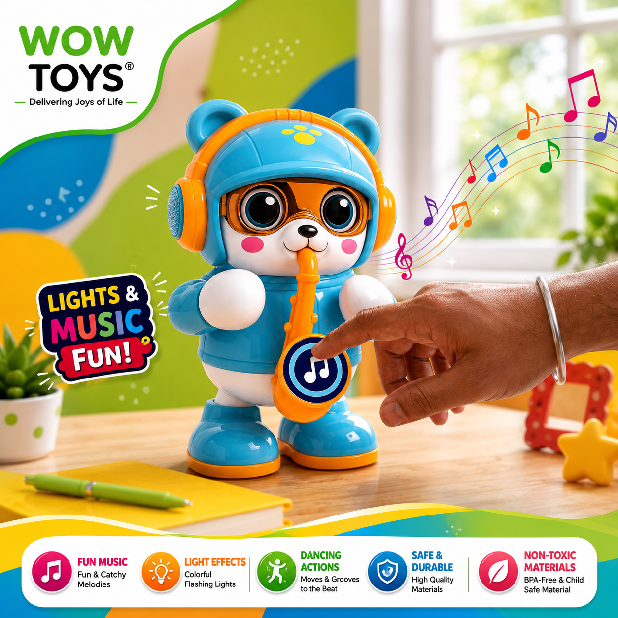 WOW TOYS® Musical Dancing Bear Toy with Light-Up Saxophone for Kids 3+ Years