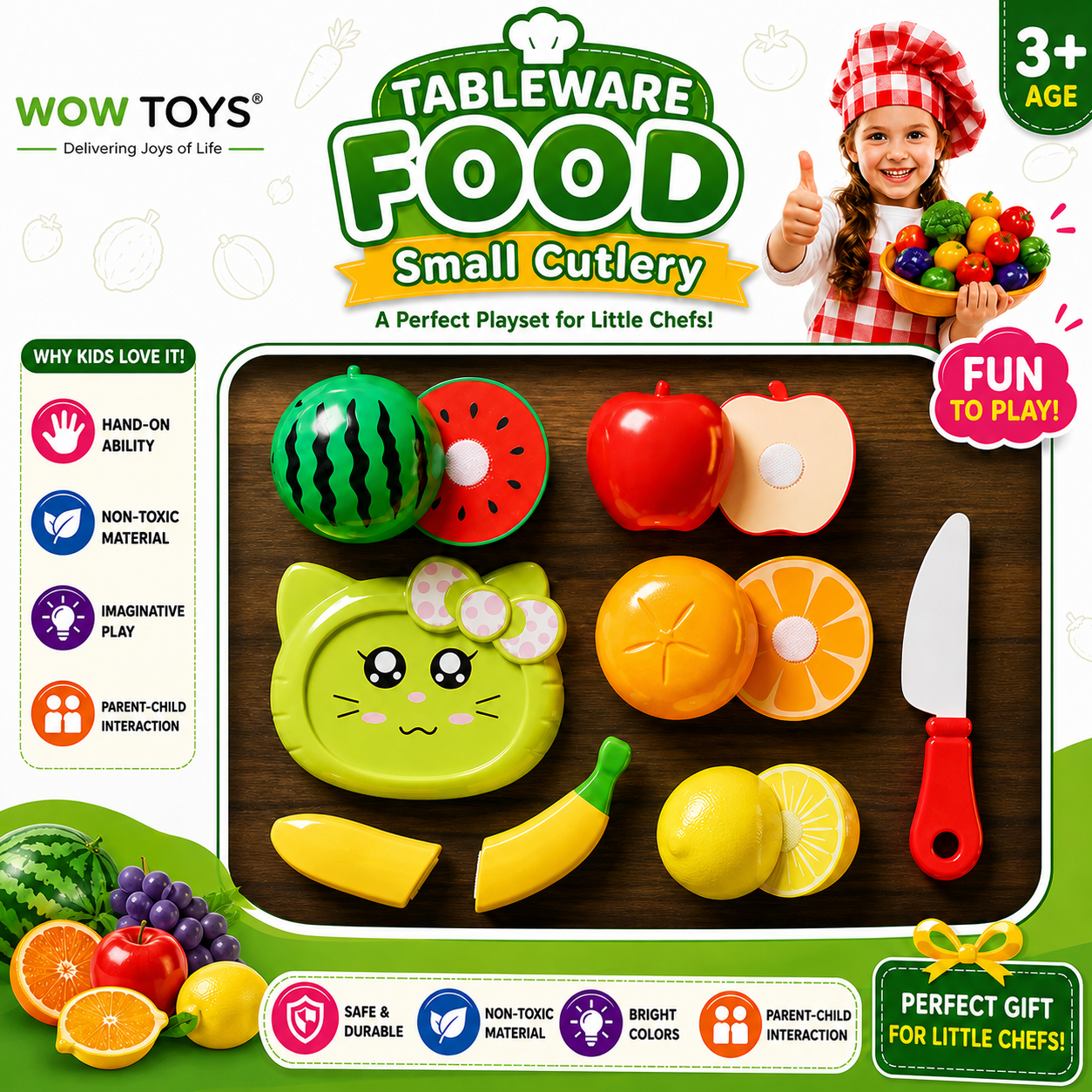 WOW TOYS® Fruit Cutting Play Set for Kids with Tray, Knife and Tableware Small Cutlery Pretend Play Kitchen Toy
