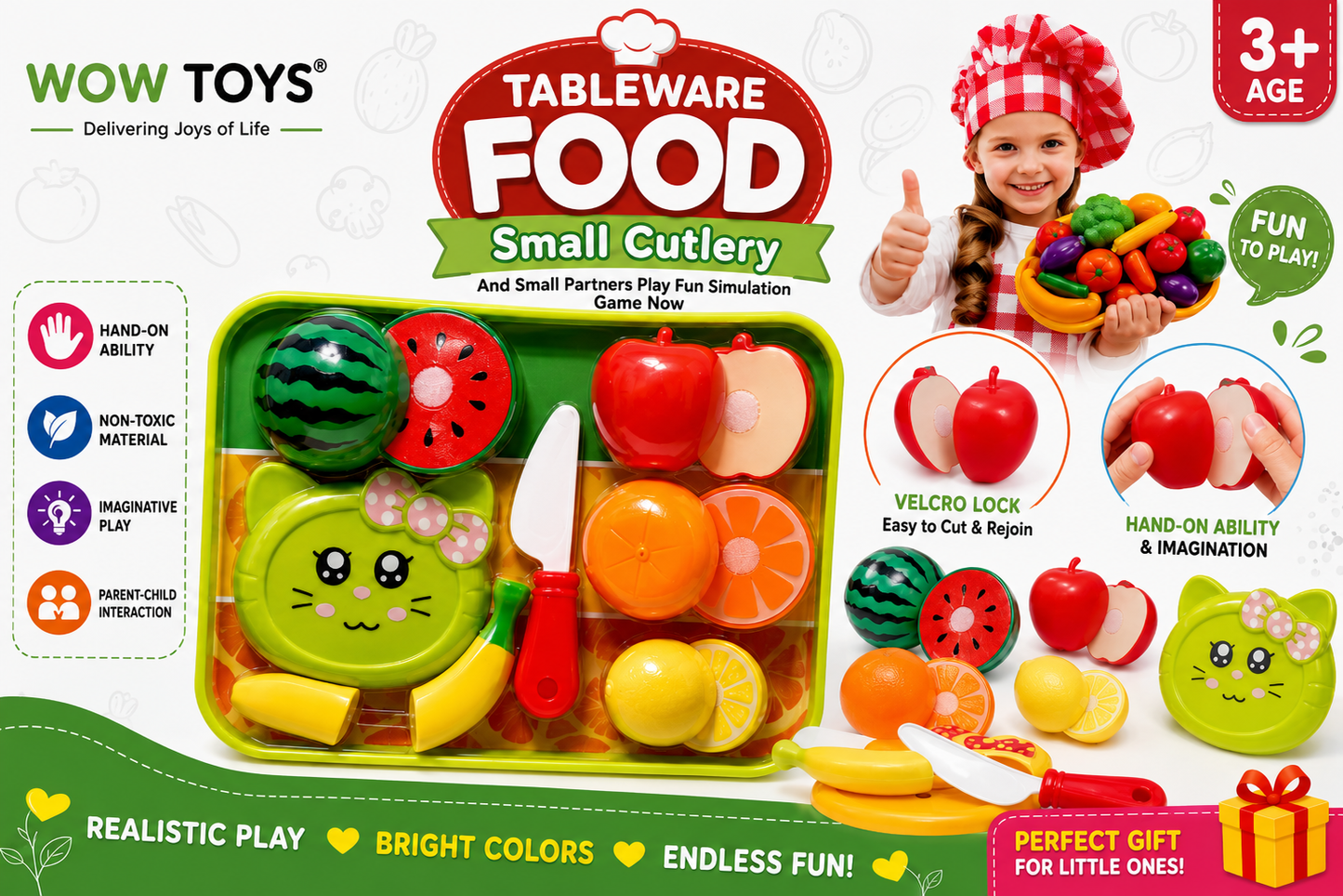 WOW TOYS® Fruit Cutting Play Set for Kids with Tray, Knife and Tableware Small Cutlery Pretend Play Kitchen Toy