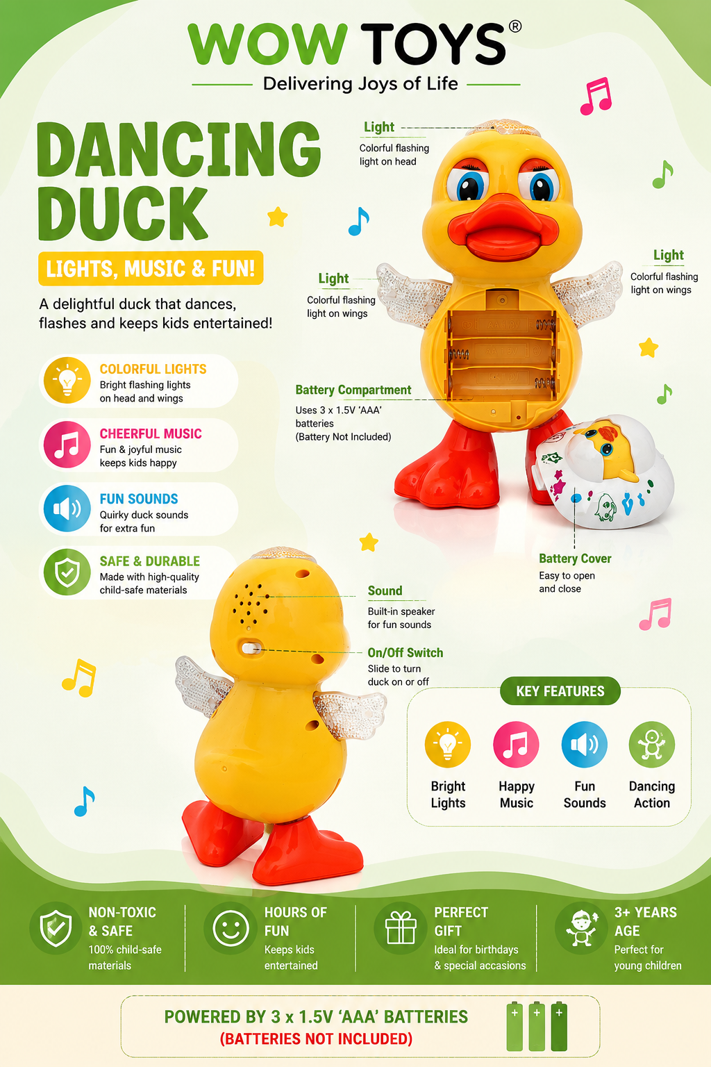 WOW TOYS® Dancing Duck Musical Toy with Flashing LED Lights for Kids- 3 Years+