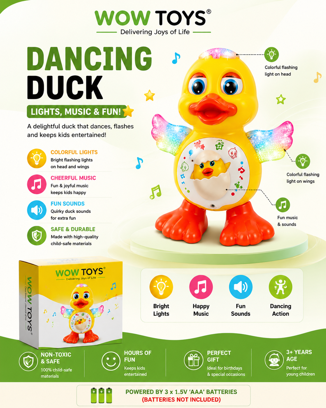 WOW TOYS® Dancing Duck Musical Toy with Flashing LED Lights for Kids- 3 Years+