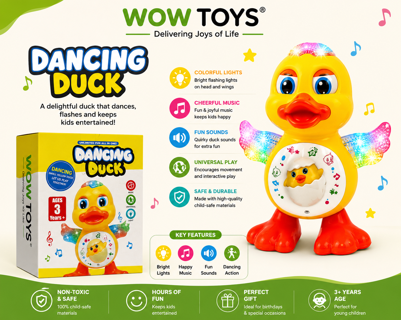WOW TOYS® Dancing Duck Musical Toy with Flashing LED Lights for Kids- 3 Years+