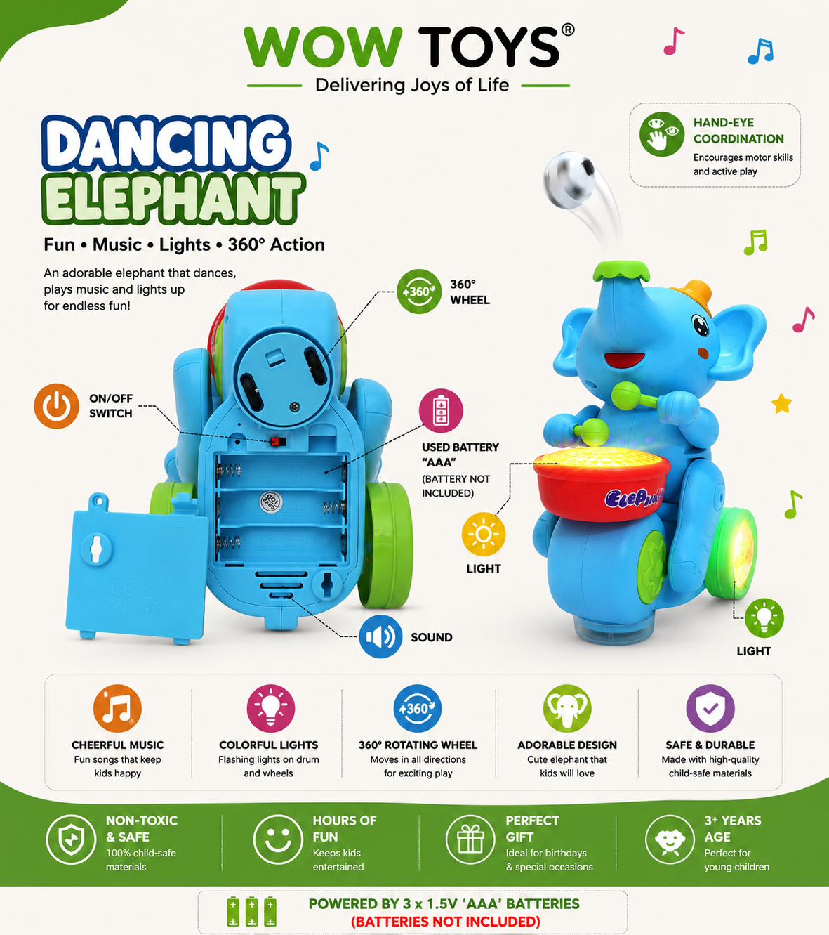 WOW TOYS® Elephant Musical Toy with Lights, 360° Universal Wheel & Ball Balancing for Kids- 3+ Years