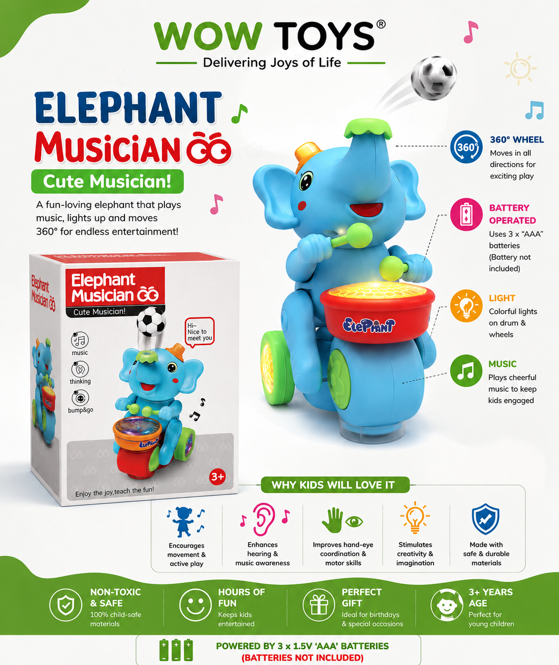 WOW TOYS® Elephant Musical Toy with Lights, 360° Universal Wheel & Ball Balancing for Kids- 3+ Years
